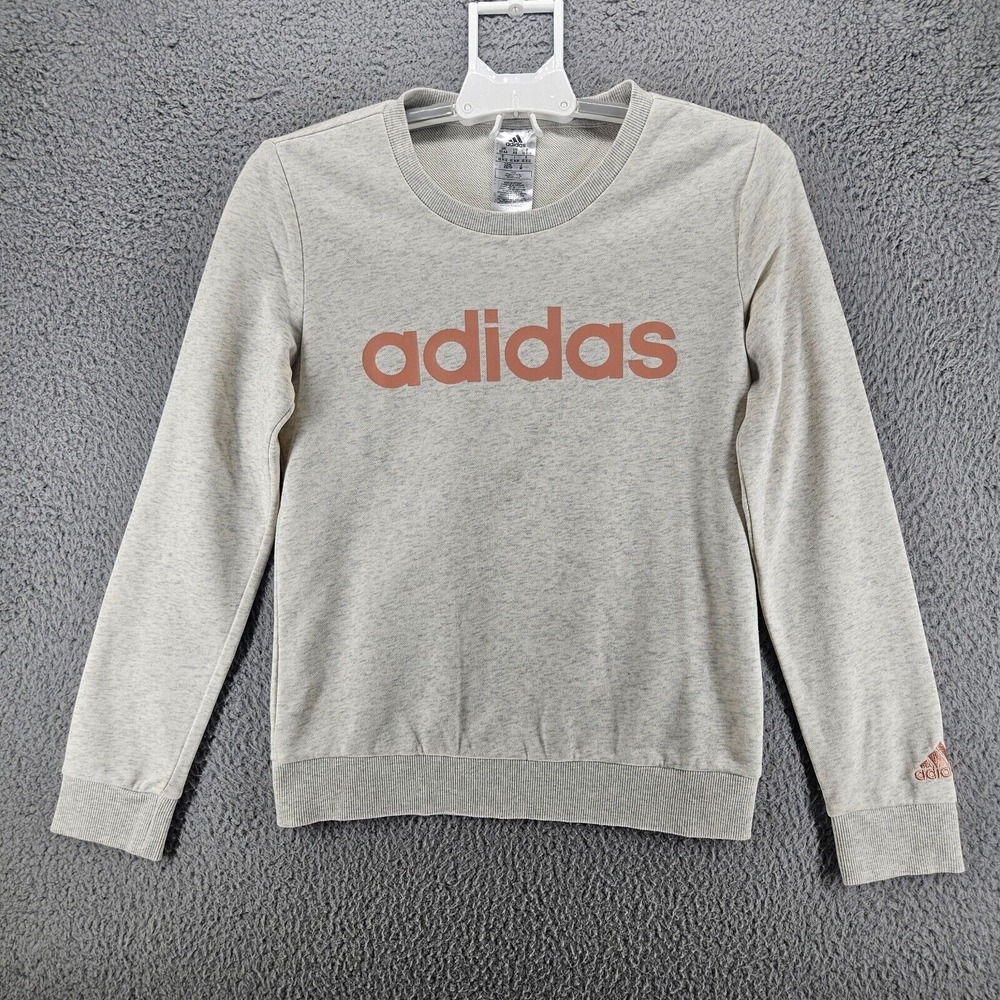 EUC ADIDAS Women's Sweatshirt XS White & Gray w Pink Logo Crew‎ Neck Sweater XS